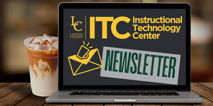 Laptop with ITC Newsletter title and an ice coffee cup next to laptop with a wooden table and blurred background